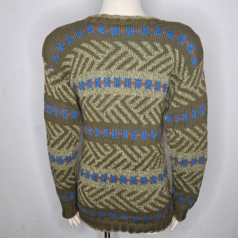 Vintage Lizwear Petites Cotton Knit Sweater‎ Olive Geometric Crew Pullover Sz SP - Picture 5 of 7